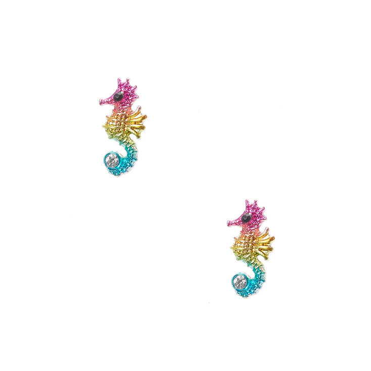 Rainbow Crystal Seahorse Stud Earrings,