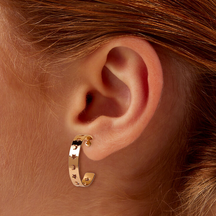 Gold-tone Moon &amp; Stars Cut-Out Half Hoop Earrings,