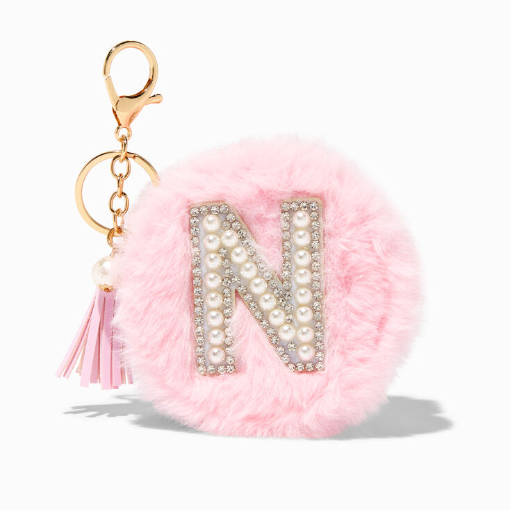 Pink Furry Pearl Initial Coin Purse Keyring - N,