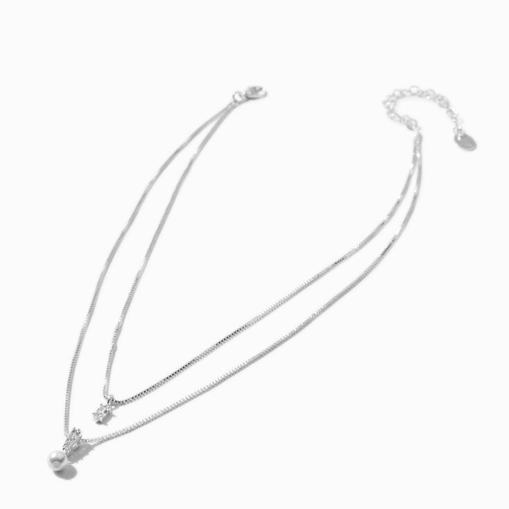 Silver-tone Double Cubic Zirconia &amp; Pearl Multi-Strand Necklace ,