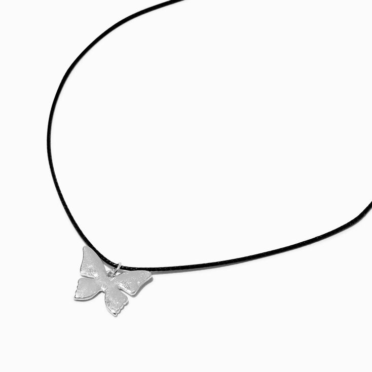 Puffy Silver-tone Butterfly Black Cord Pendant Necklace,