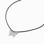 Puffy Silver-tone Butterfly Black Cord Pendant Necklace,