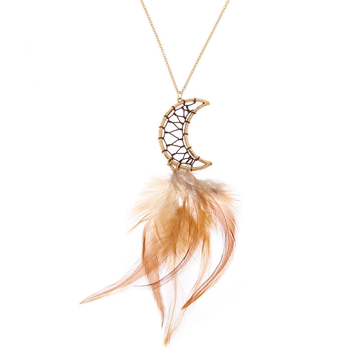 Gold Crescent Moon Feather Long Pendant Necklace,