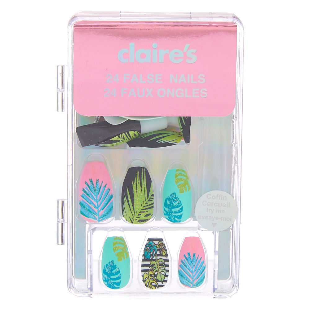Summer Palm Leaf Coffin Faux Nail Set - 24 Pack,