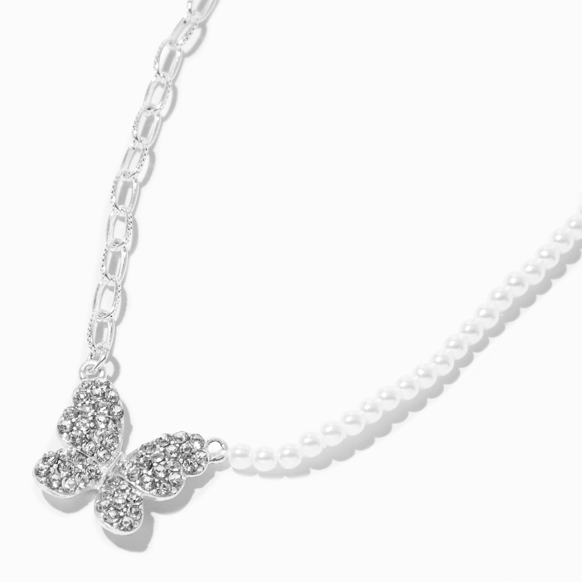 View Claires Tone Butterfly Chain Pearl Statement Necklace Silver information