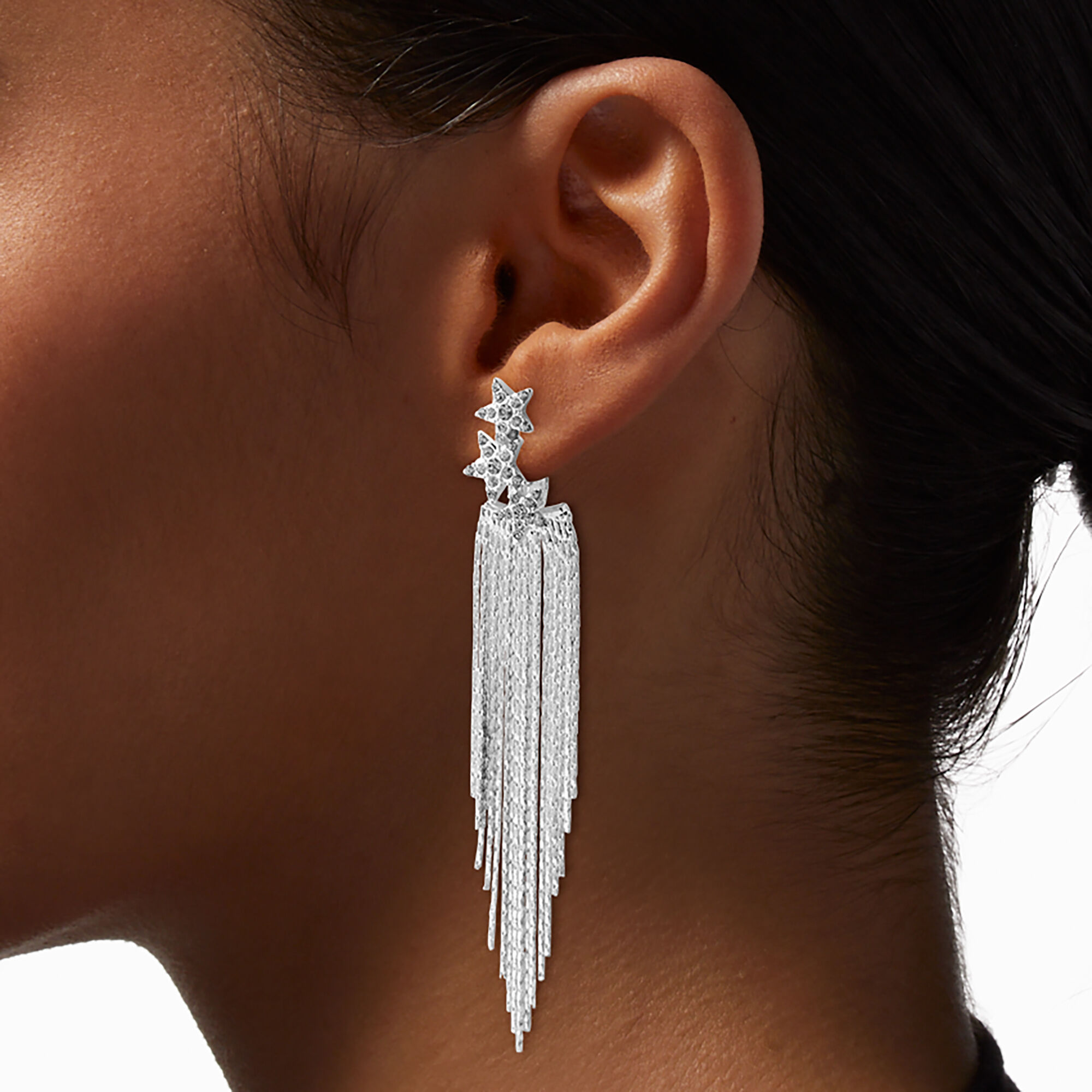Silver tone Front Back Star Fringe Drop Earrings Claire s US
