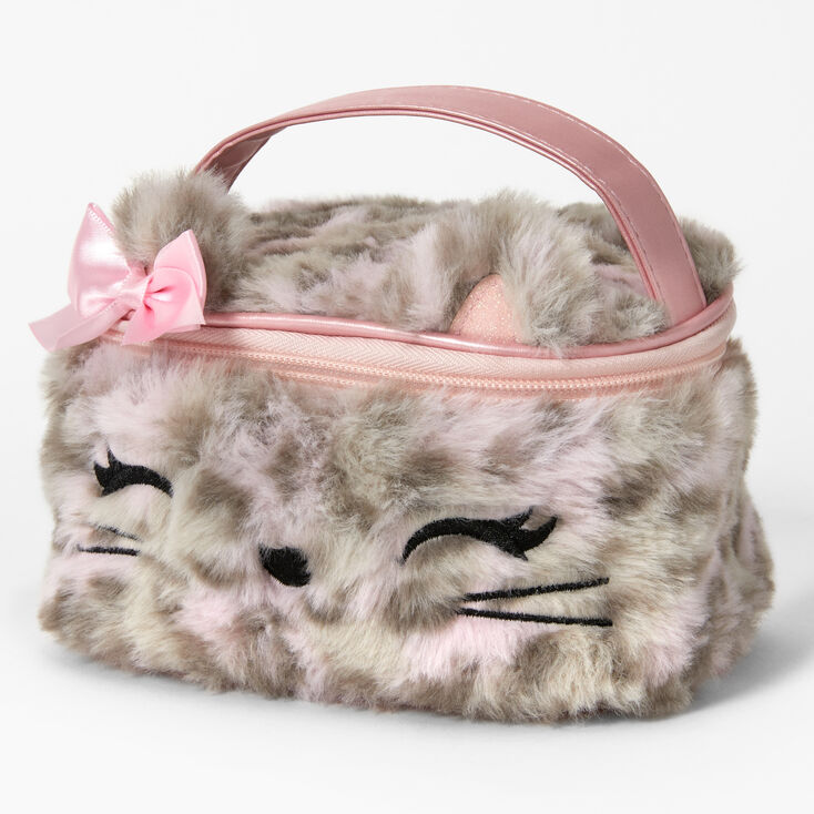 Claire&#39;s Club Furry Leopard Cat Makeup Bag - Pink,