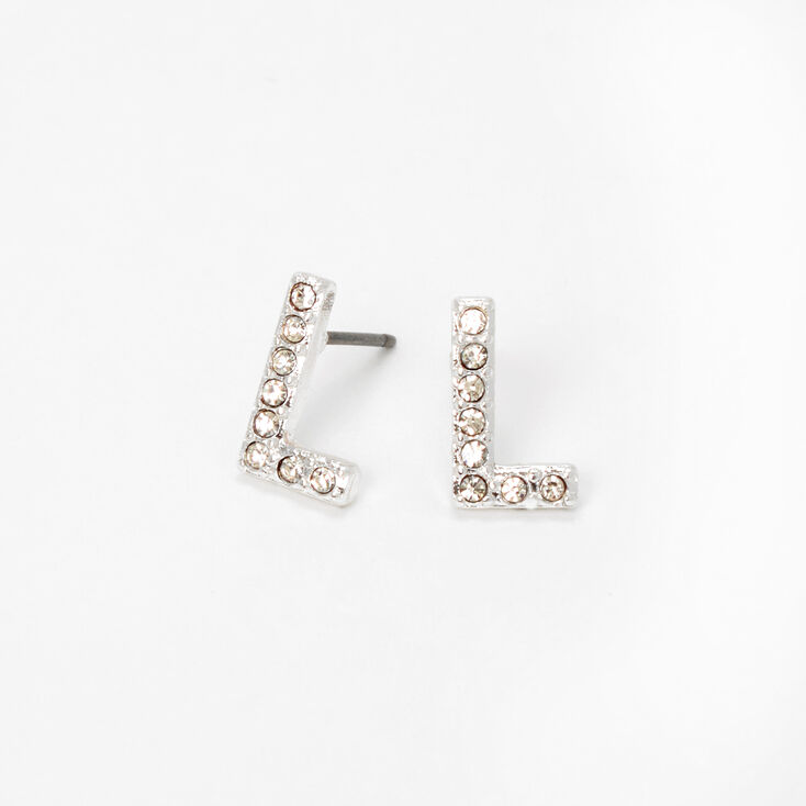 Silver Crystal Initial Stud Earrings - L,