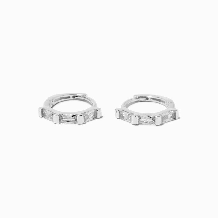 C LUXE by Claire&#39;s Sterling Silver 10mm Crystal Baguette Embellished Huggie Hoop Earrings,