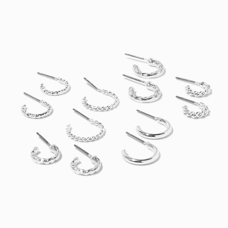Silver Textured Huggie Hoop Earrings - 6 Pack,