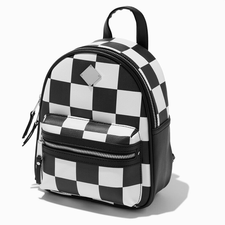 Black &amp; White Check Faux Leather Small Backpack,