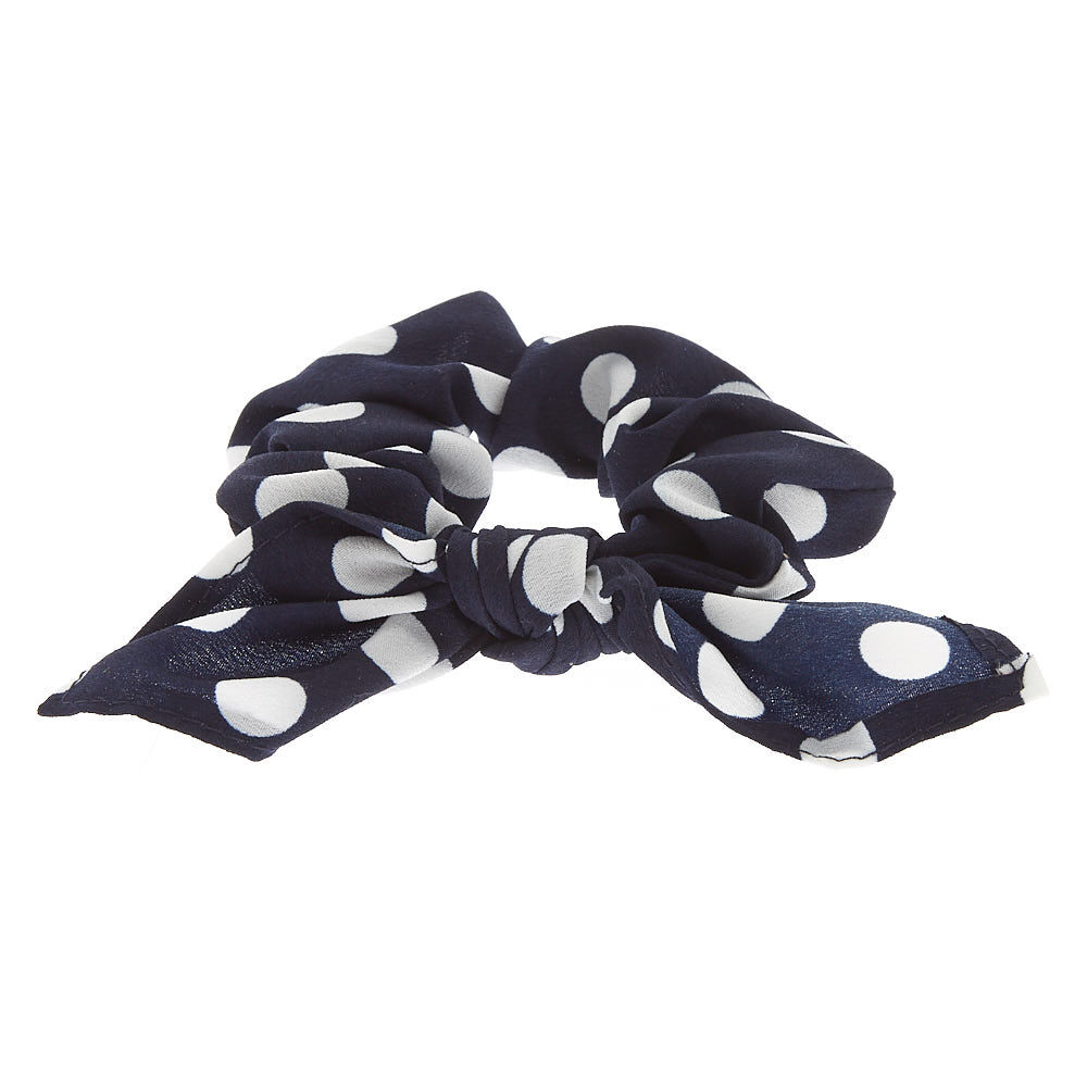 Small Polka Dot Knotted Bow Hair Scrunchie - Navy,
