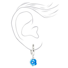 Silver Flower Hinge Drop Earrings - Blue,