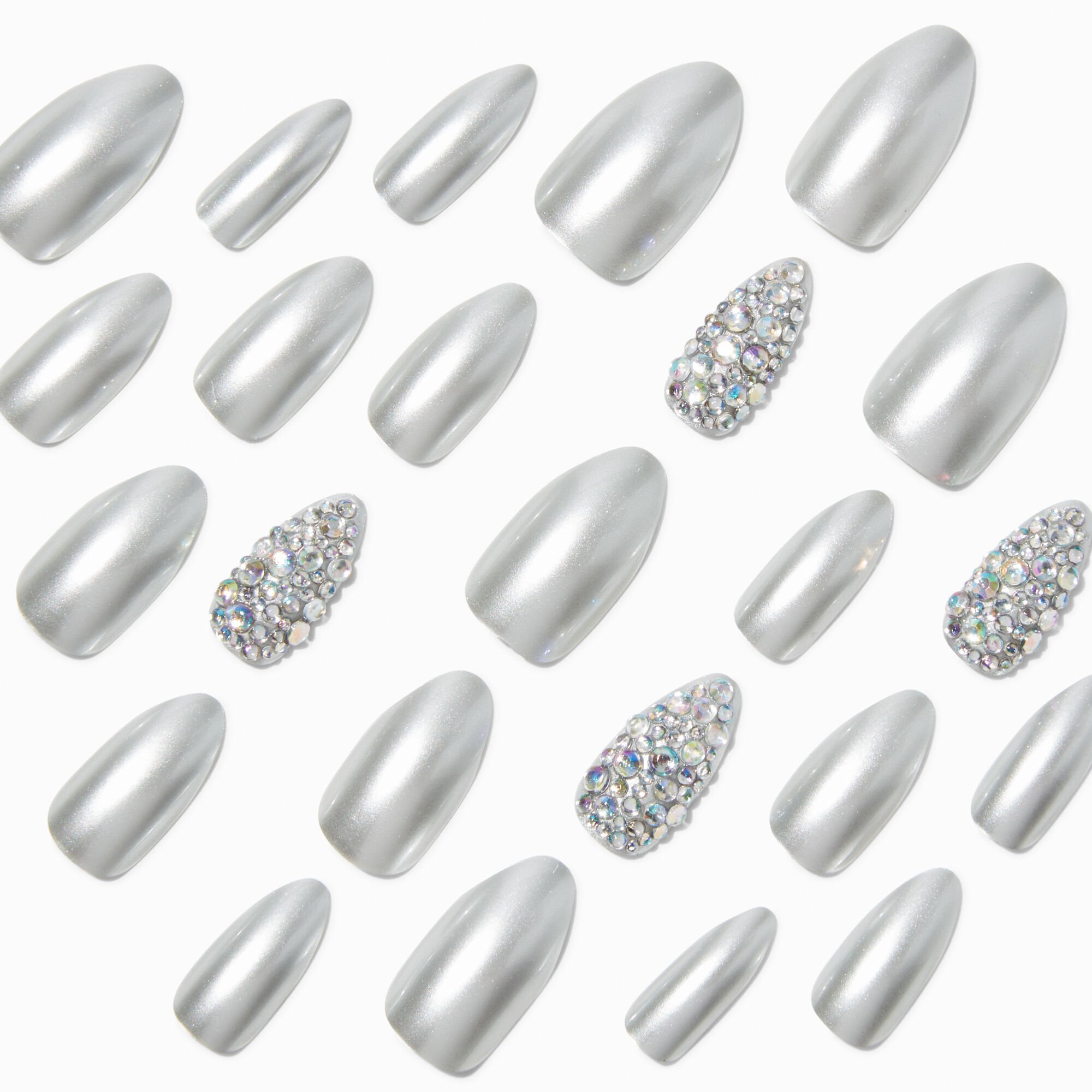 Silver Bling Stiletto Vegan Faux Nail Set - 24 Pack,