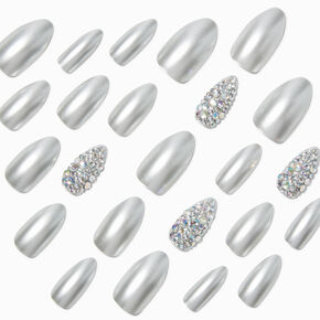 Silver Bling Stiletto Vegan Faux Nail Set - 24 Pack,