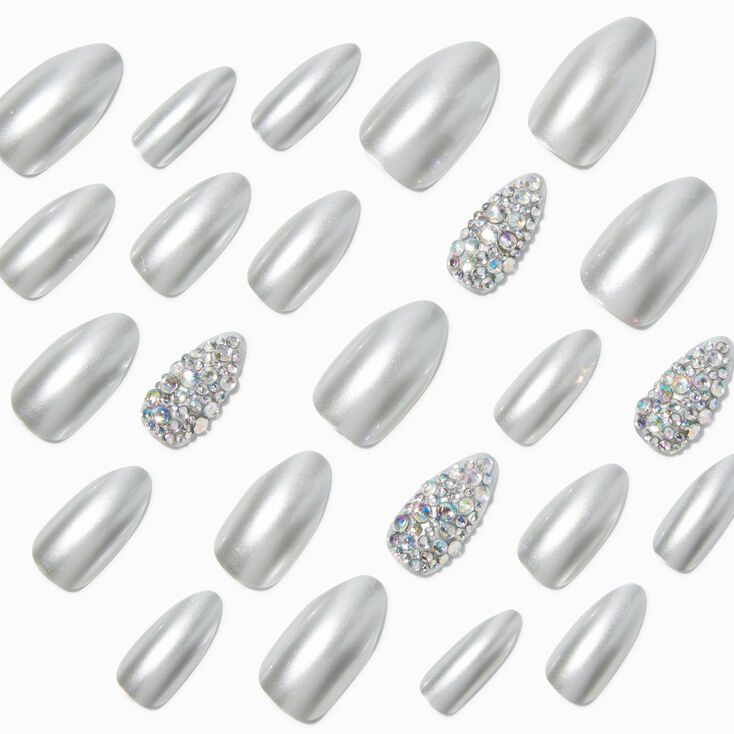 Silver Bling Stiletto Vegan Faux Nail Set - 24 Pack,