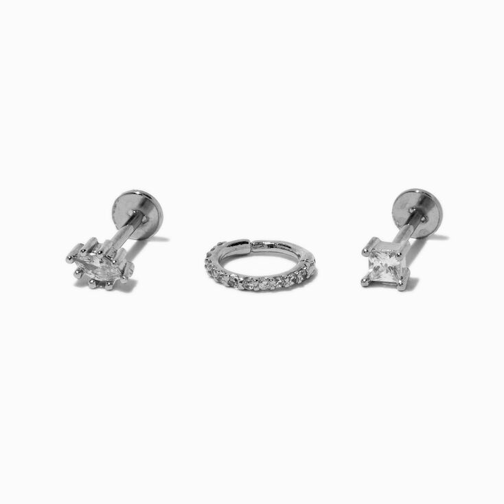 Silver-tone Stainless Steel Cubic Zirconia 18G Square &amp; Marquise Stud &amp; Hoop Threadless Cartilage Earrings - 3 Pack,