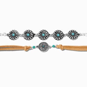 Bracelets de cha&icirc;ne couleur argent&eacute;e disque western marguerite turquoise d&#39;imitation - Lot de 2,