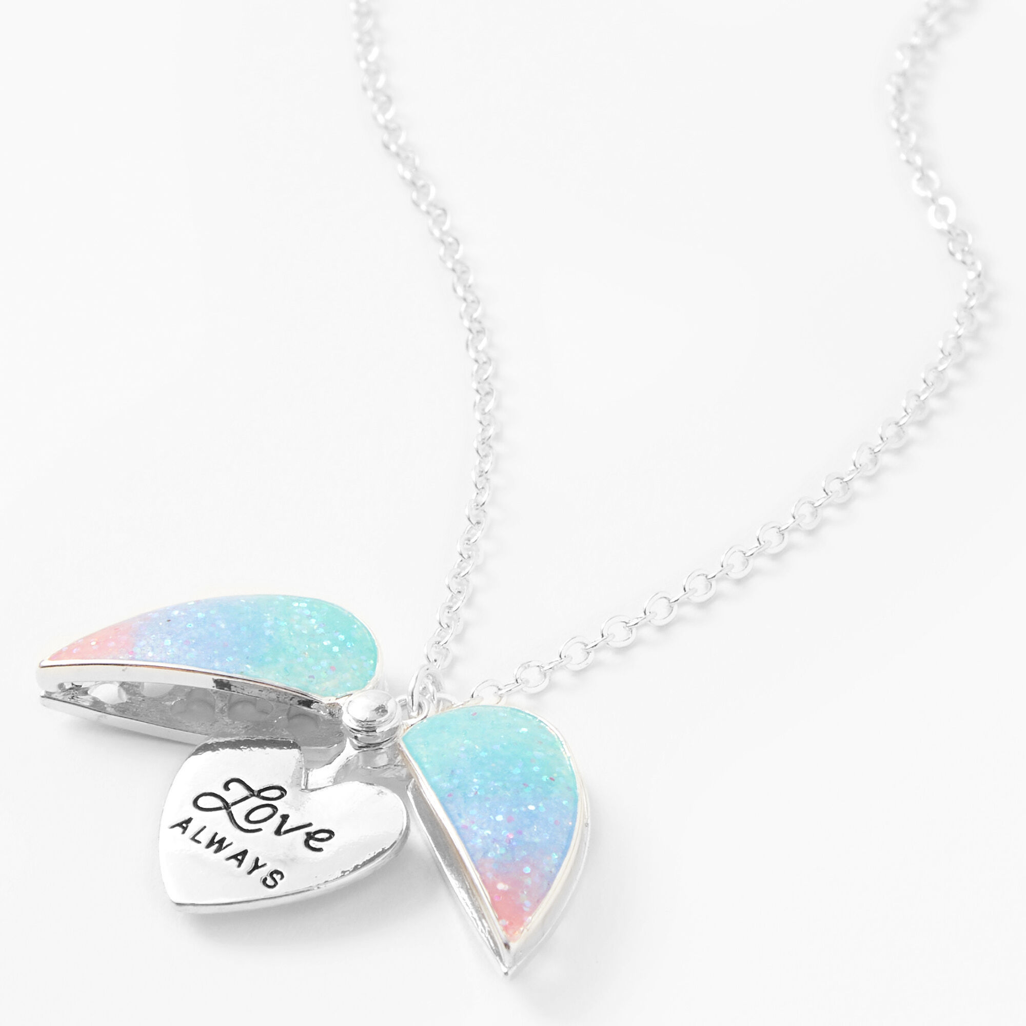 Collier à médaillon cœur pailleté avec message caché - Couleur argentée,