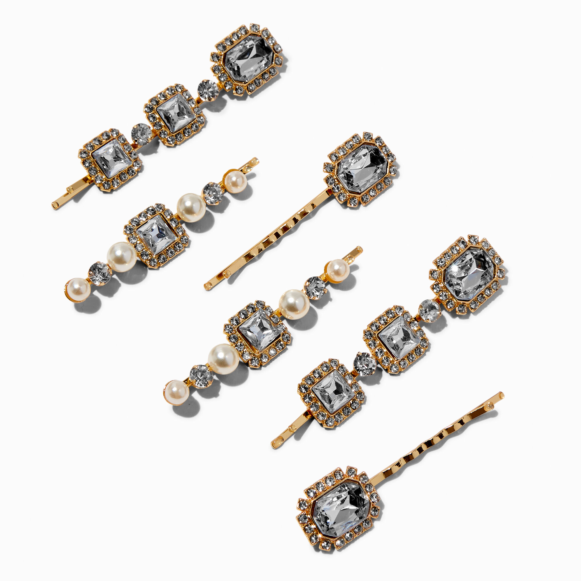View Claires Rhinestone Pearl Tone Hair Pins 6 Pack Gold information