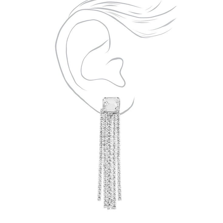 Silver-tone Square Rhinestone Linear Fringe 3&quot; Drop Earrings,