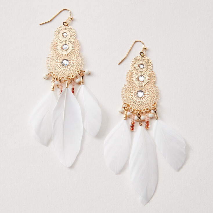 Gold 4&quot; Fancy Filigree Feather Drop Earrings - White,