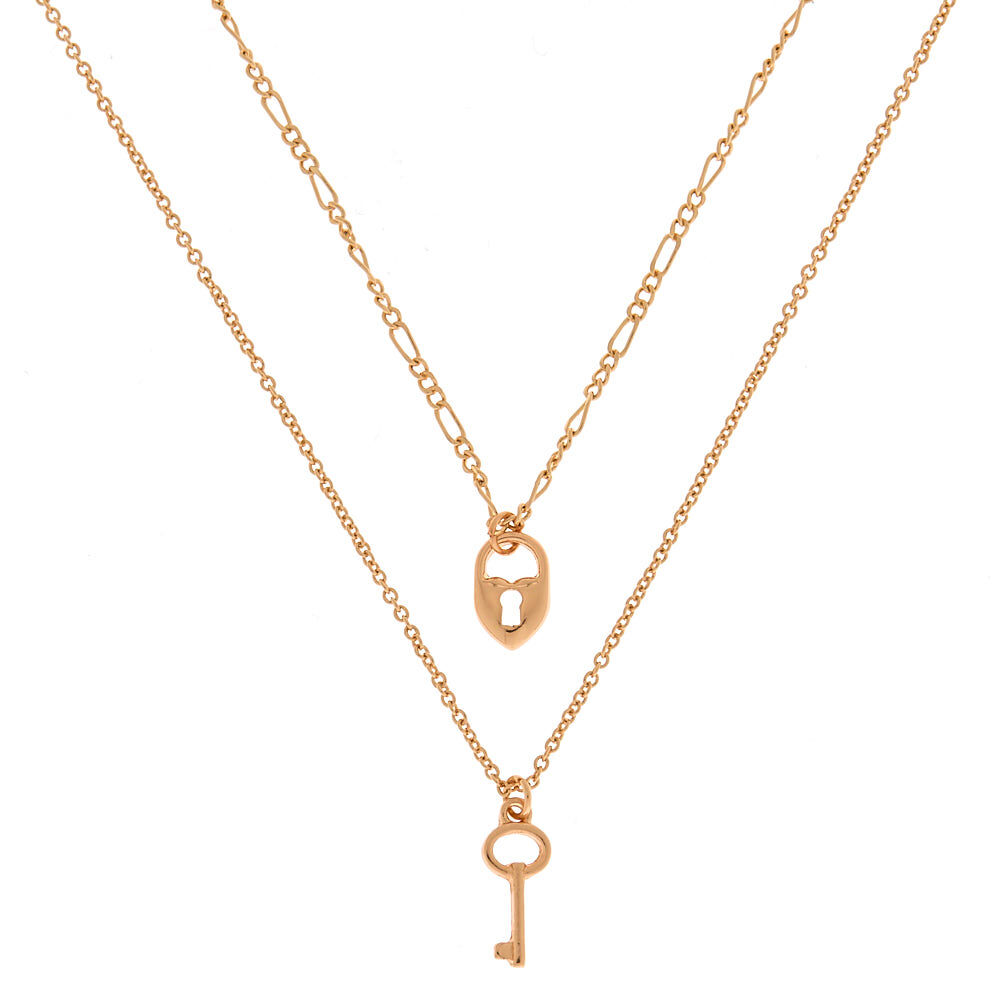 Heart Lock and Key Multi Strand Necklace - Gold,