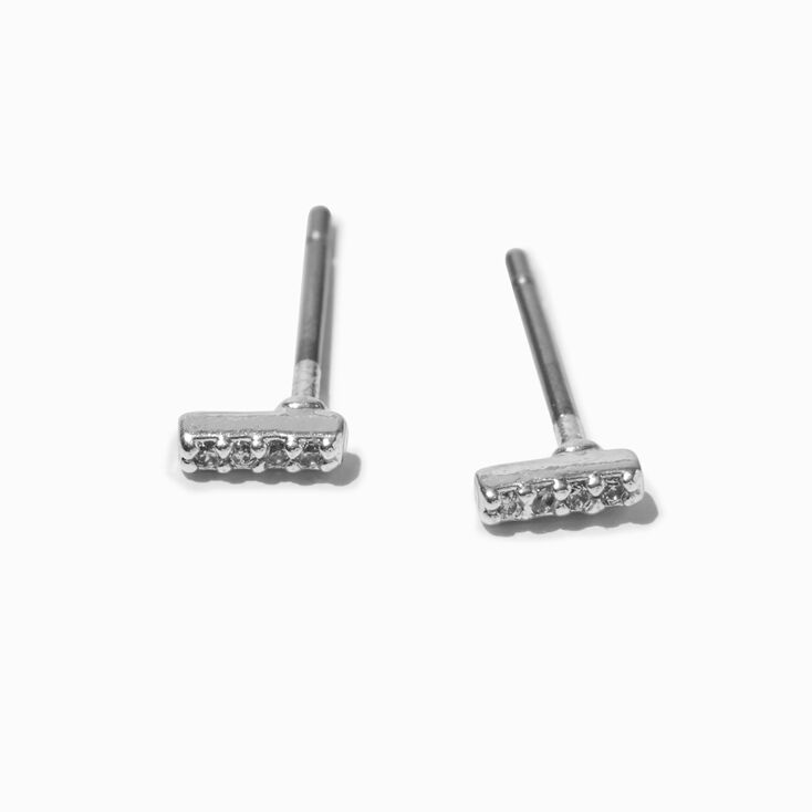 Silver-tone Cubic Zirconia 4MM Bar Stack Stud Earrings,