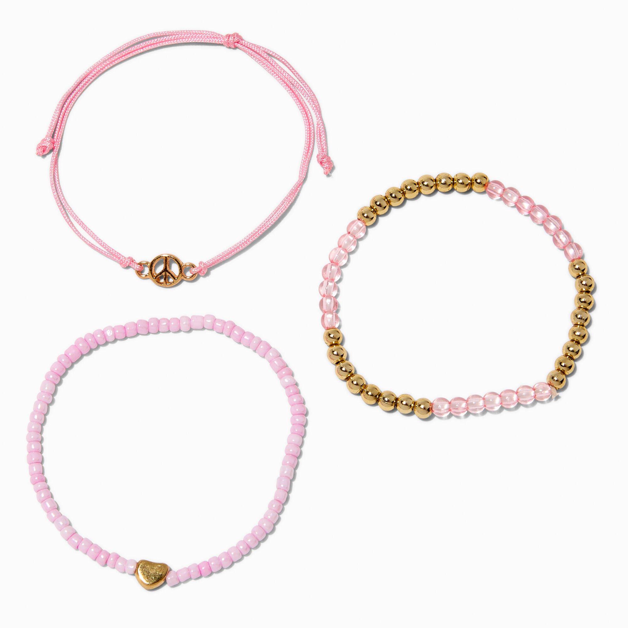 Peace Sign Heart Pink Seed Bead Bracelet Set 3 Pack Claire s US