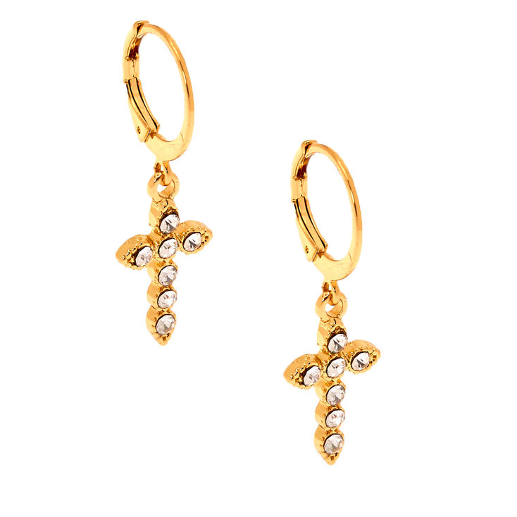 Gold 10MM Cross Huggie Hoop Earrings,