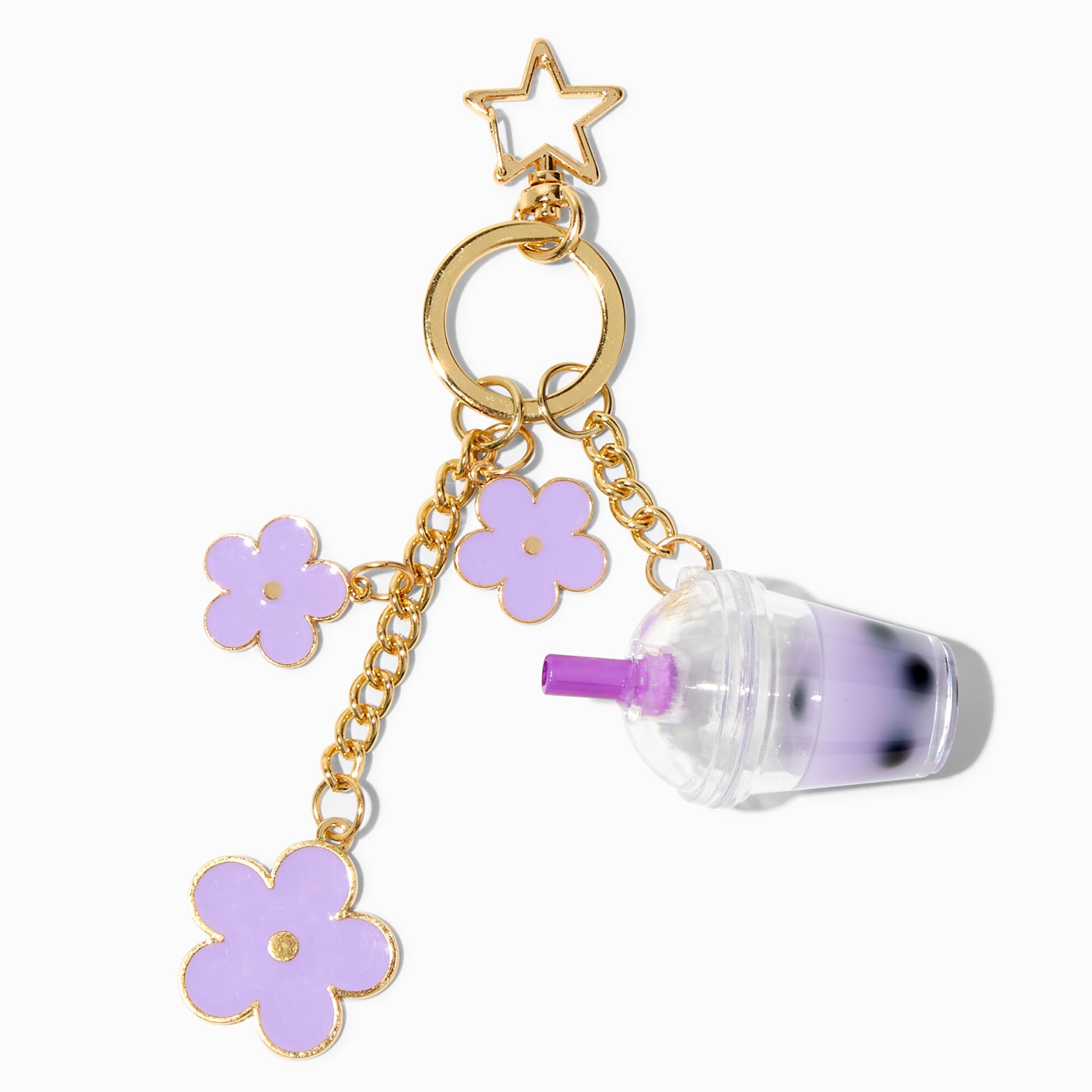 View Claires Daisy Boba Tea Keyring Purple information