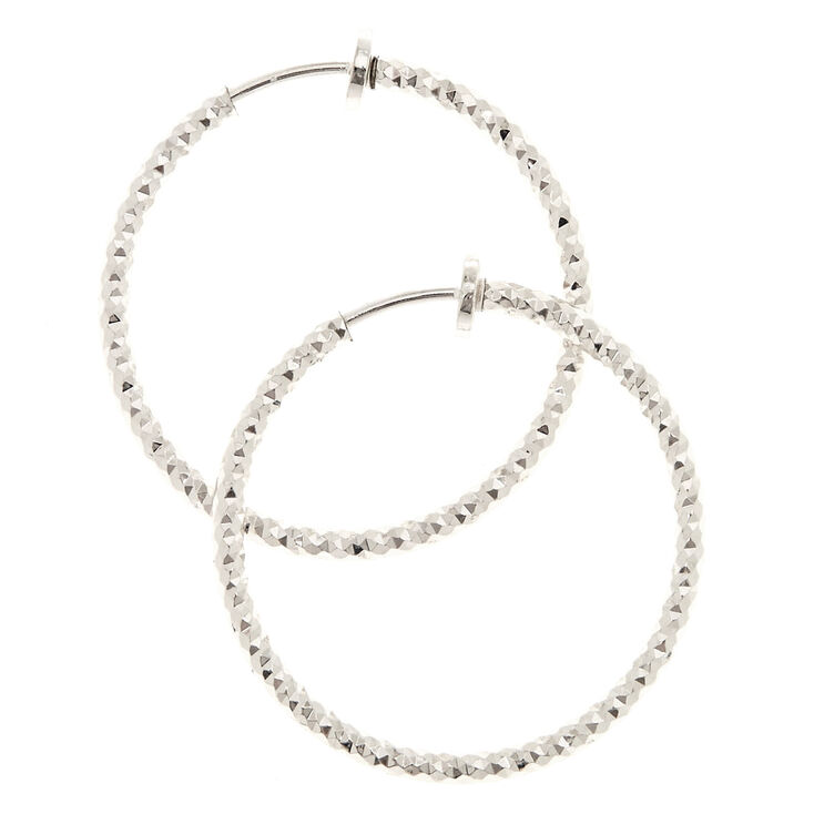 Silver 30MM Laser Cut Clip On Hoop Earrings,