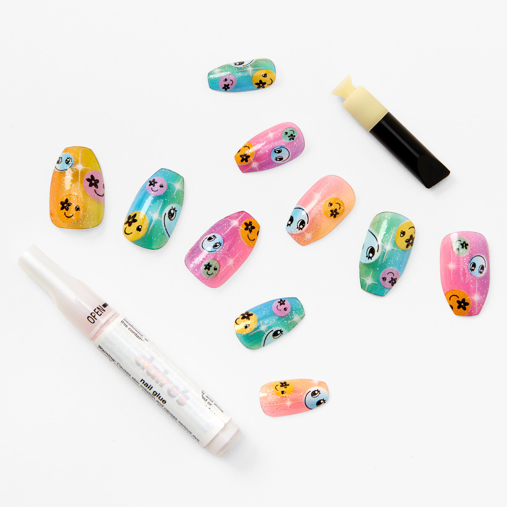 Glitter Rainbow Happy Face Jelly Coffin Vegan Faux Nail Set (24 pack),