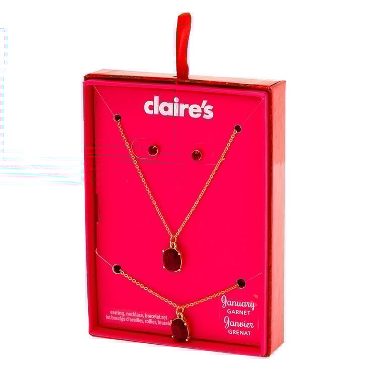 Claire's Coffret cadeau parure de bijoux pierre de naissance du mois de janvier - Couleur grenat, lot de 3