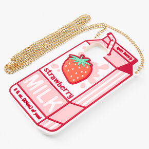 Strawberry Milk Silicone Phone Case with Gold Chain - Fits iPhone 11,