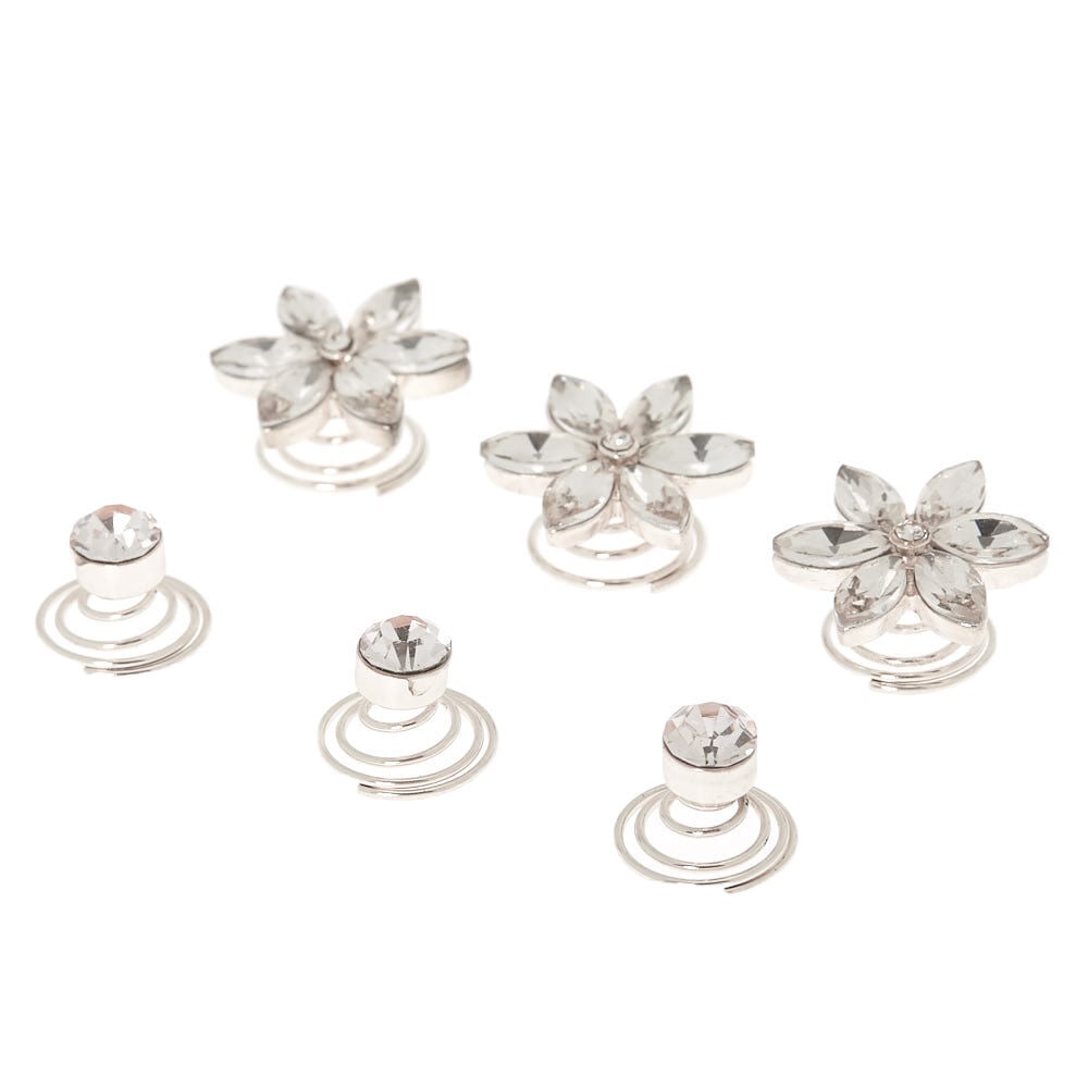 Silver Rhinestone Floral Hair Spinners - 6 Pack,