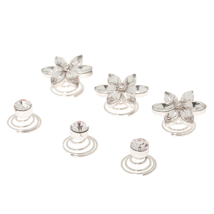 Silver Rhinestone Floral Hair Spinners - 6 Pack,