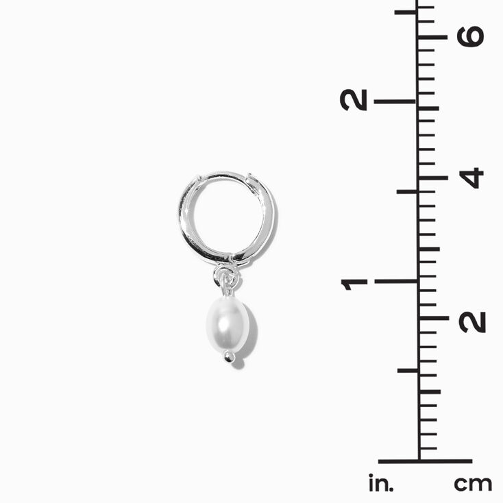 Silver 10MM Pearl Huggie Hoop Earrings,
