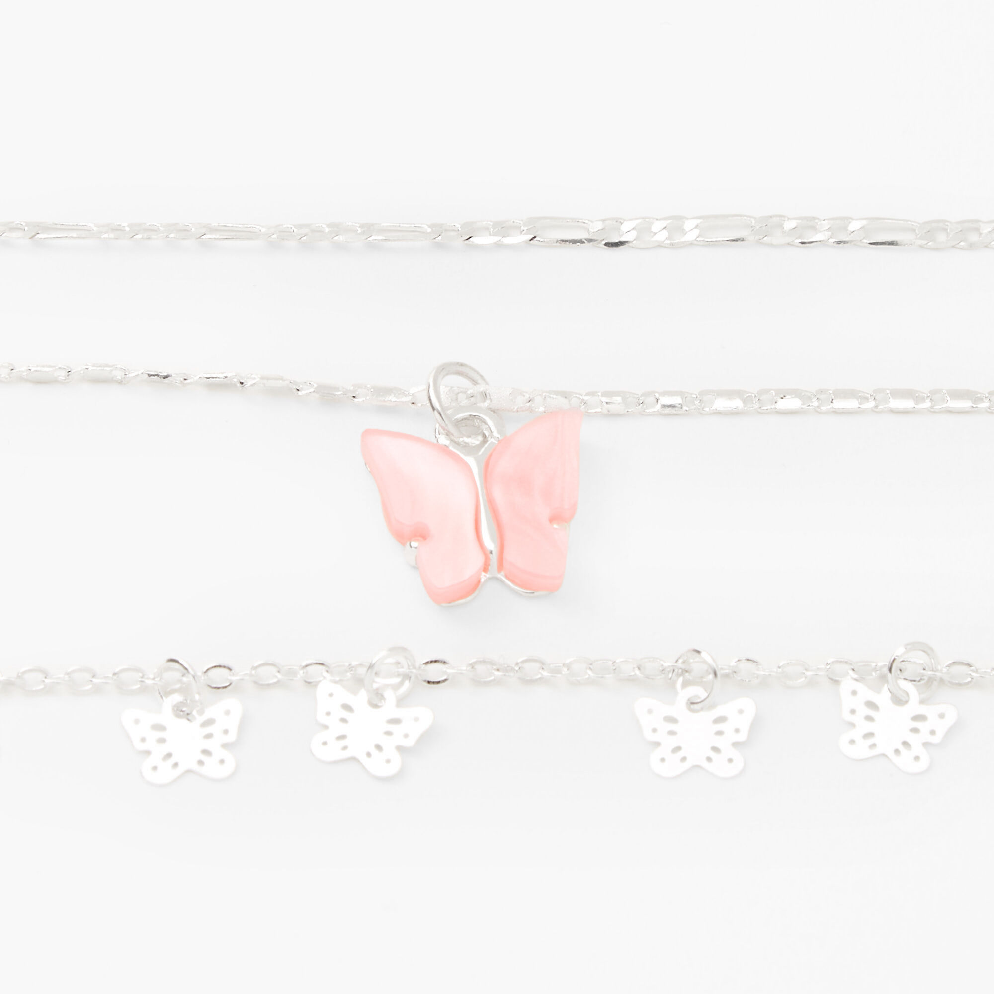 Ras-de-cou multi-rangs papillon en résine d'imitation couleur argentée - Rose, lot de 2,