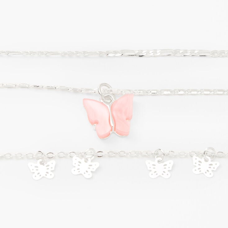 Silver Resin Butterfly Multi Strand Choker Necklaces - Pink, 2 Pack,