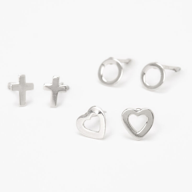 Sterling Silver Circle, Cross &amp; Heart Stud Earrings - 3 Pack,