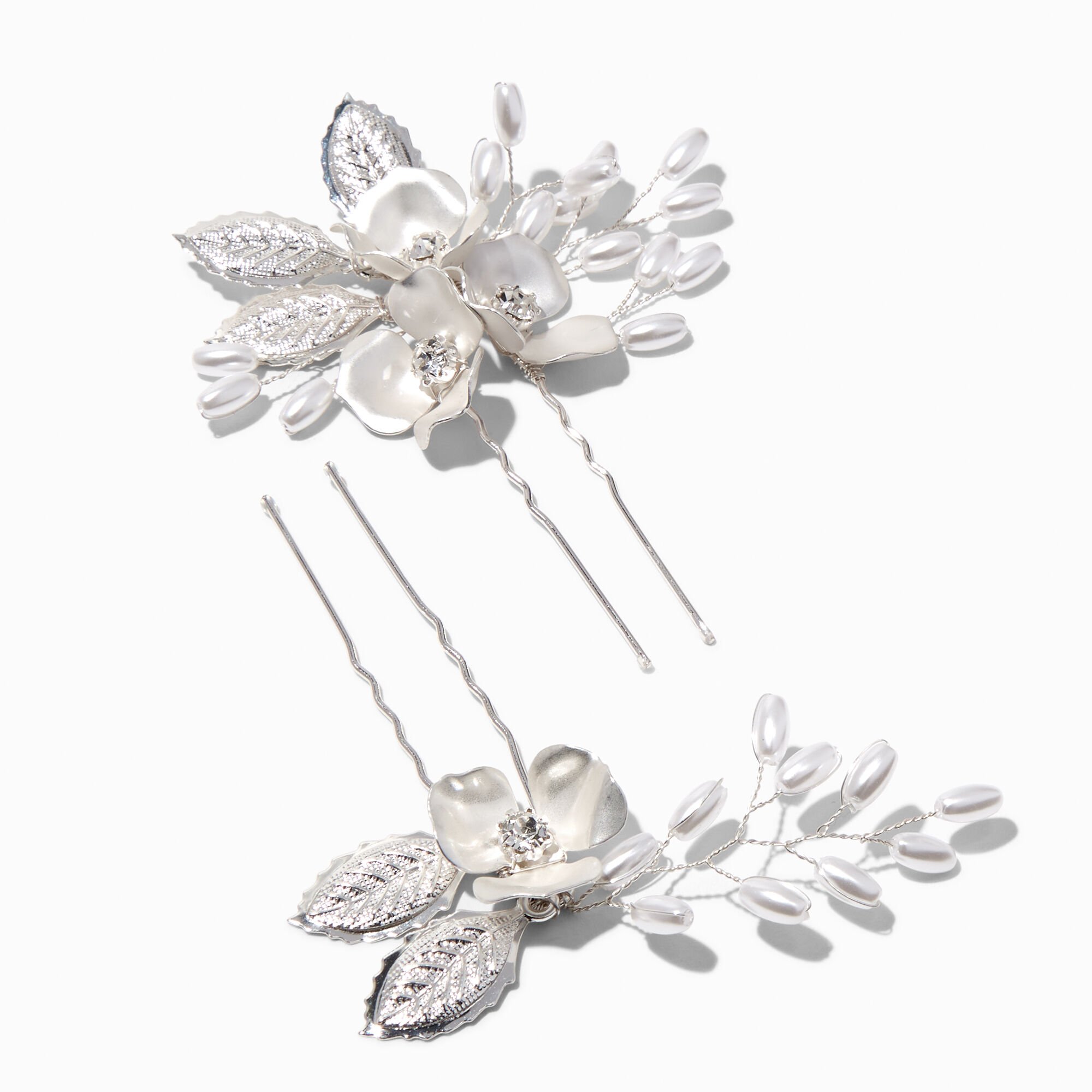 View Claires Matte Tone Floral Spray Hair Pins 2 Pack Silver information