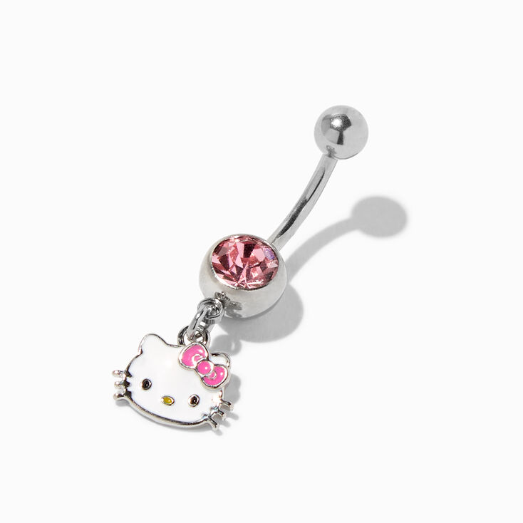 Hello Kitty&reg; Silver-tone Stainless Steel Pink Crystal Charm 14G Belly Bar,