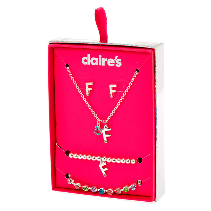 Silver Rainbow Initial Jewellery Gift Set - F, 4 Pack,