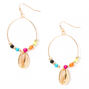 Gold 2&quot; Beaded Cowrie Shell Circle Drop Earrings,