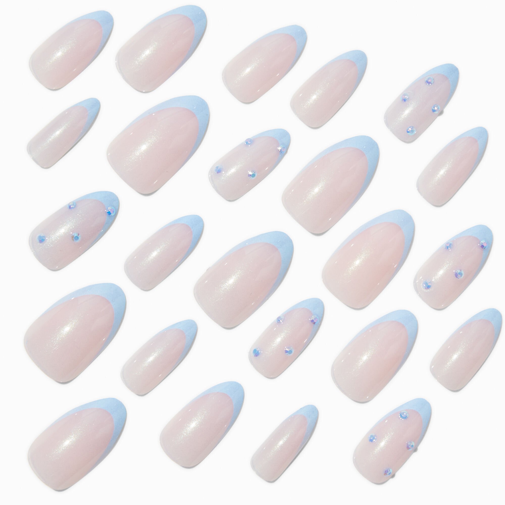 Blue Chrome French Tip Bling Stiletto Vegan Faux Nail Set - 24 Pack,