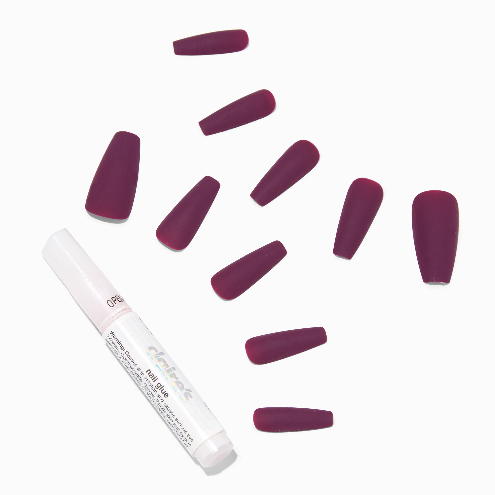 View Claires Matte Squareletto Vegan Faux Nail Set 24 Pack Burgundy information