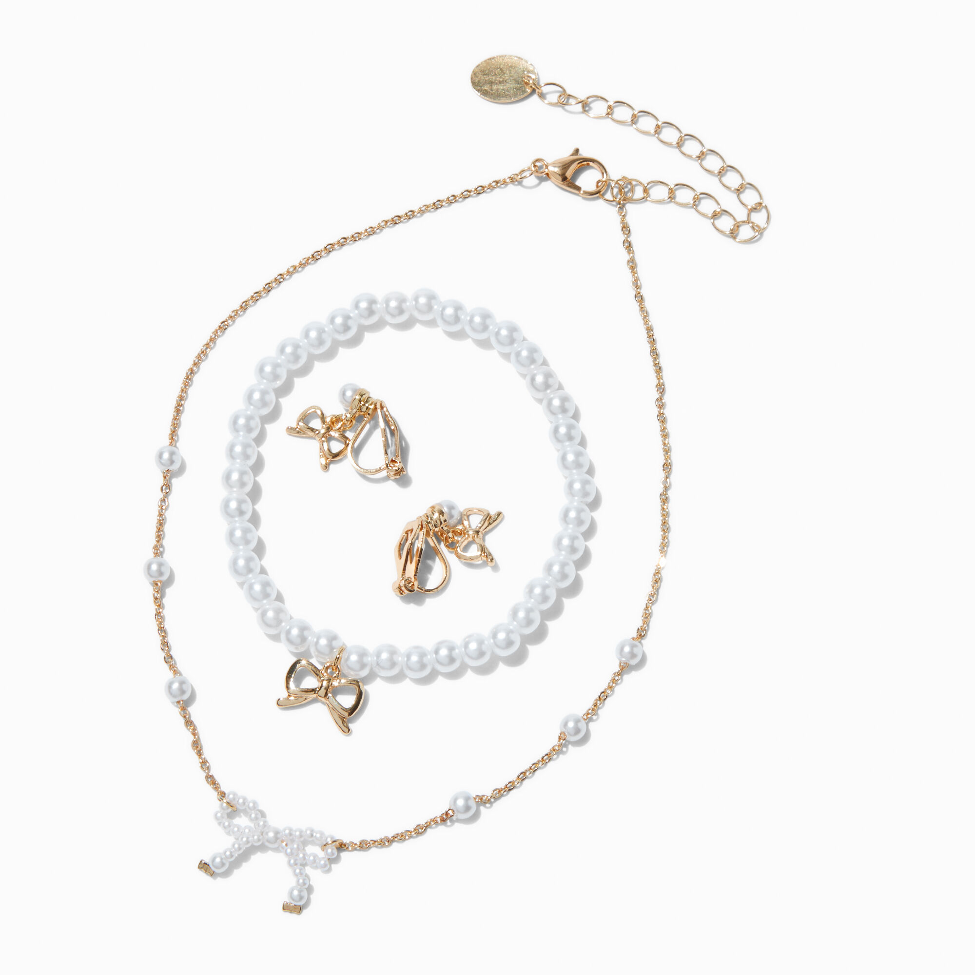 Claire s Club Pearl Bow Gold tone Jewellery Set 3 Pack