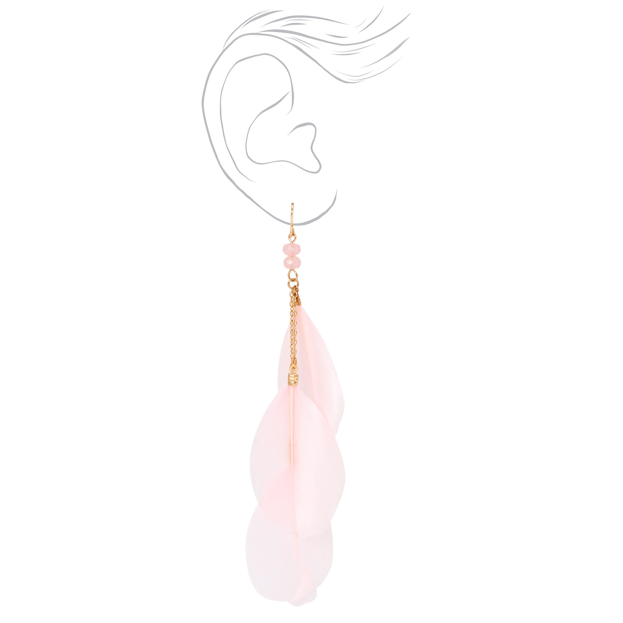 Gold 5" Pink Feather Drop Earrings,
