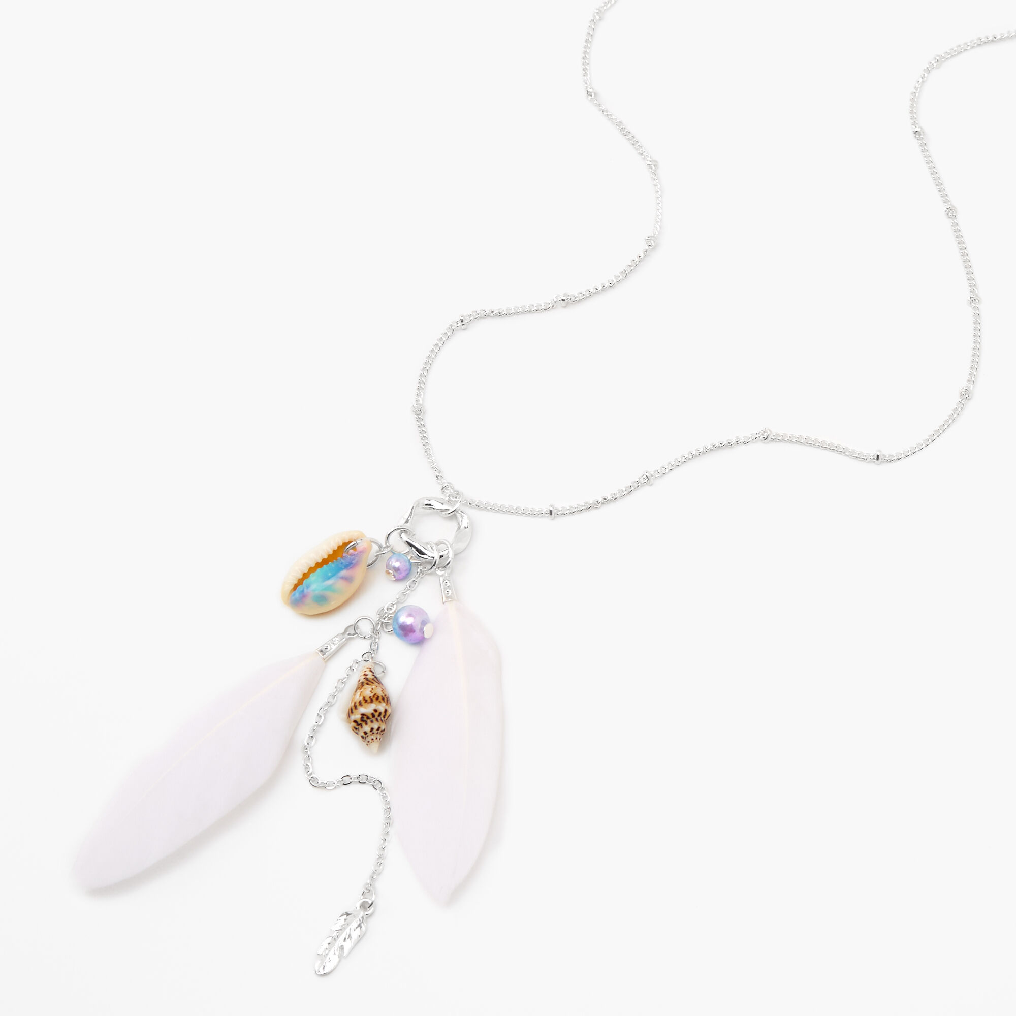 Shells & Feathers Long Pendant Cluster Necklace - Silver,
